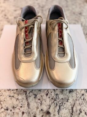 Prada Gold Metallic and Gray Mesh Sneakers